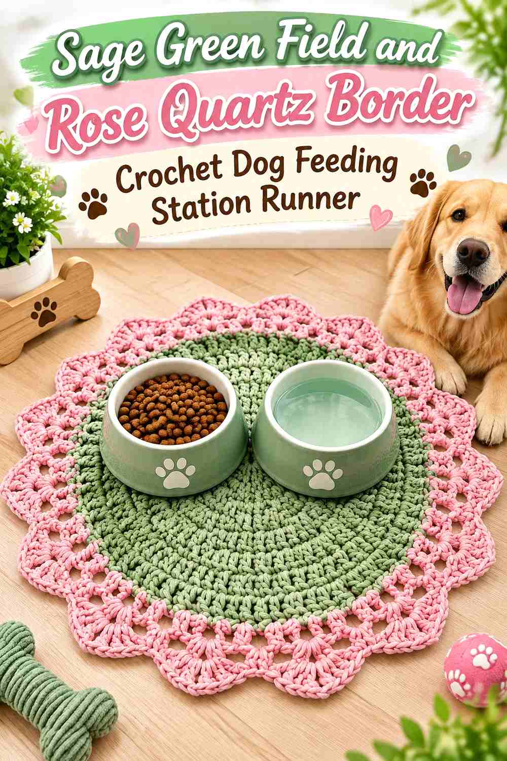 Sage Green Field and Rose Quartz Border Crochet Dog Feeding Station Runner