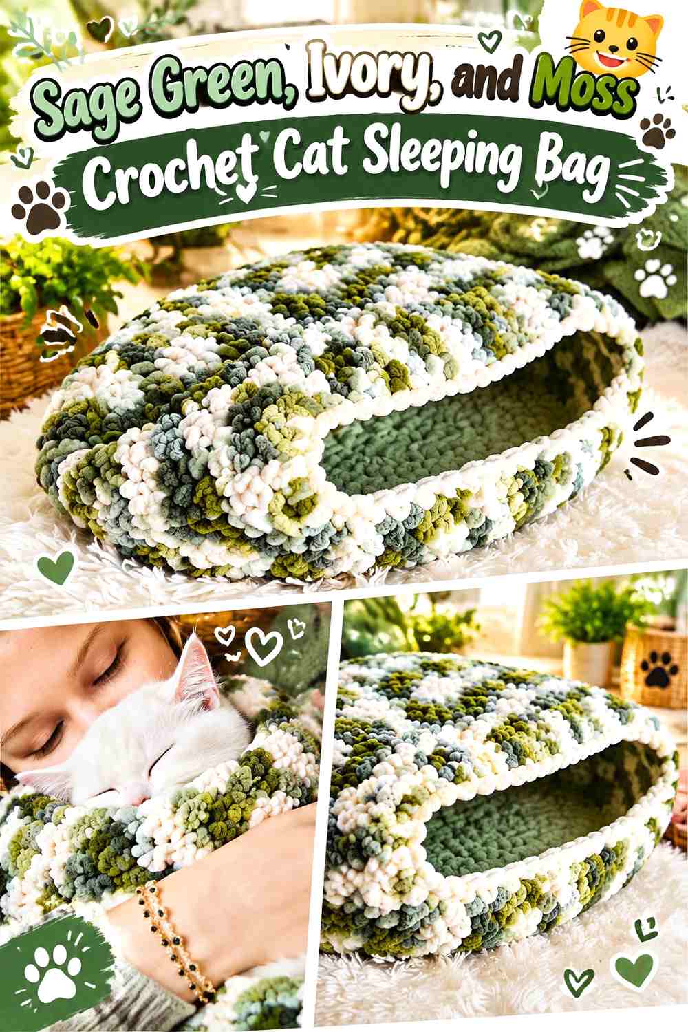 Sage Green, Ivory, and Moss Crochet Cat Sleeping Bag
