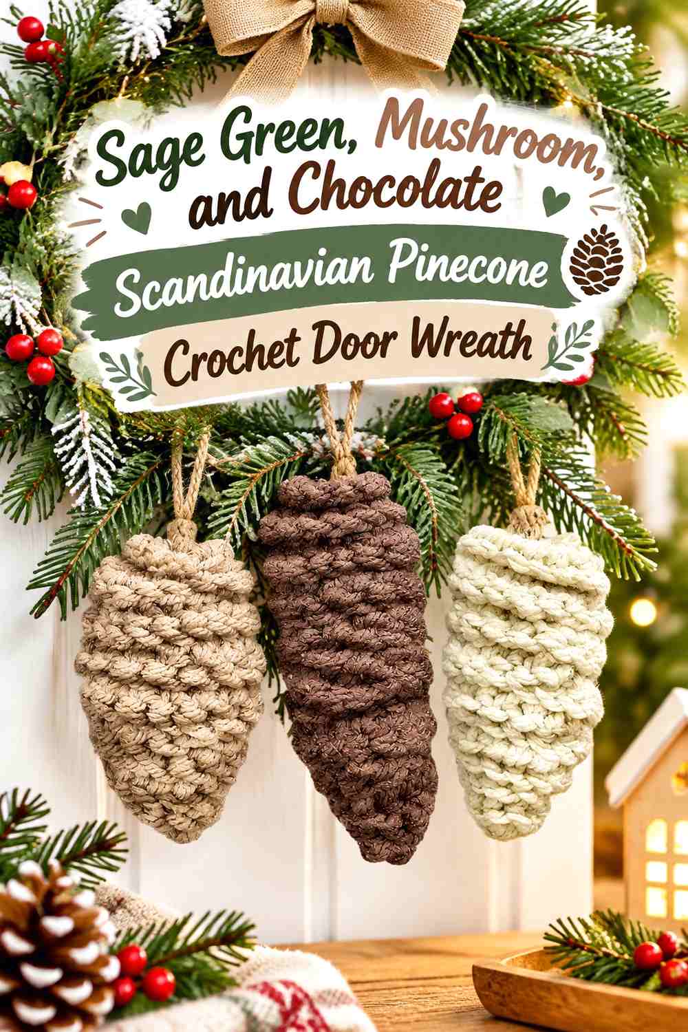 Sage Green, Mushroom, and Chocolate Scandinavian Pinecone Crochet Door Wreath