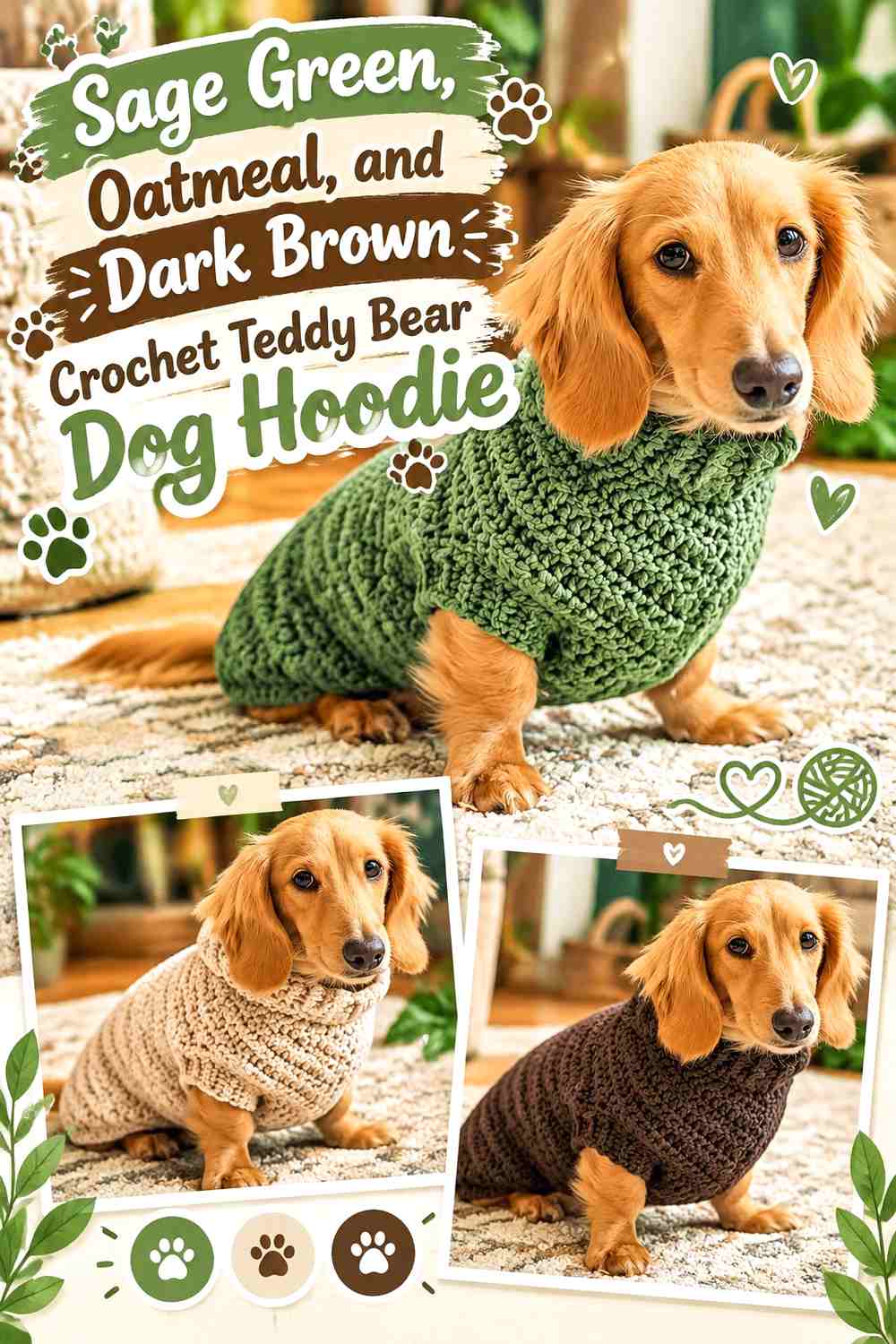 Sage Green, Oatmeal, and Dark Brown Crochet Teddy Bear Dog Hoodie