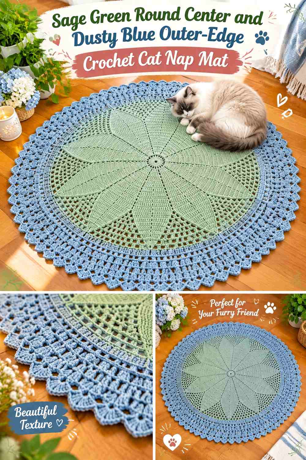 Sage Green Round Center and Dusty Blue Outer-Edge Crochet Cat Nap Mat