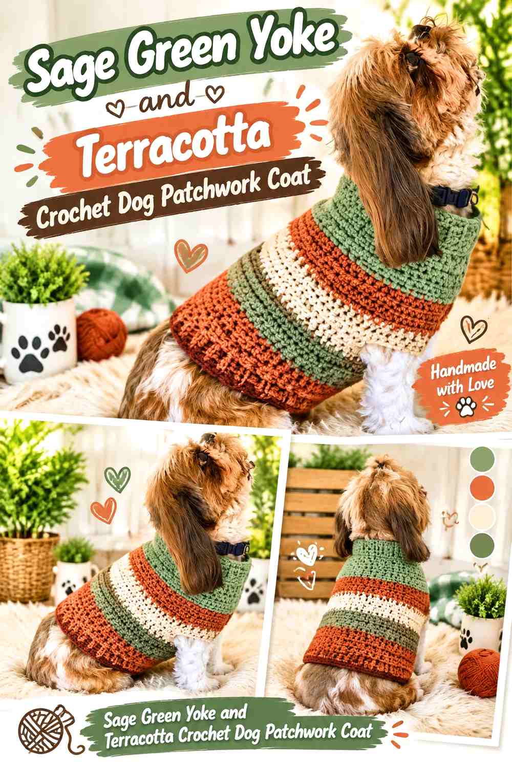 Sage Green Yoke and Terracotta Crochet Dog Patchwork Coat