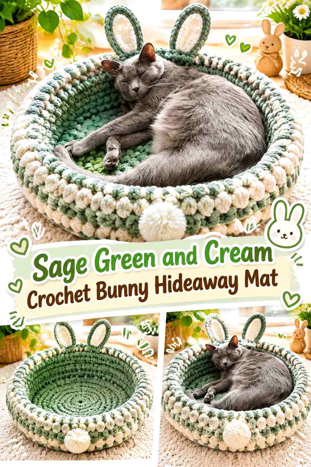 Sage Green and Cream Crochet Bunny Hideaway Mat