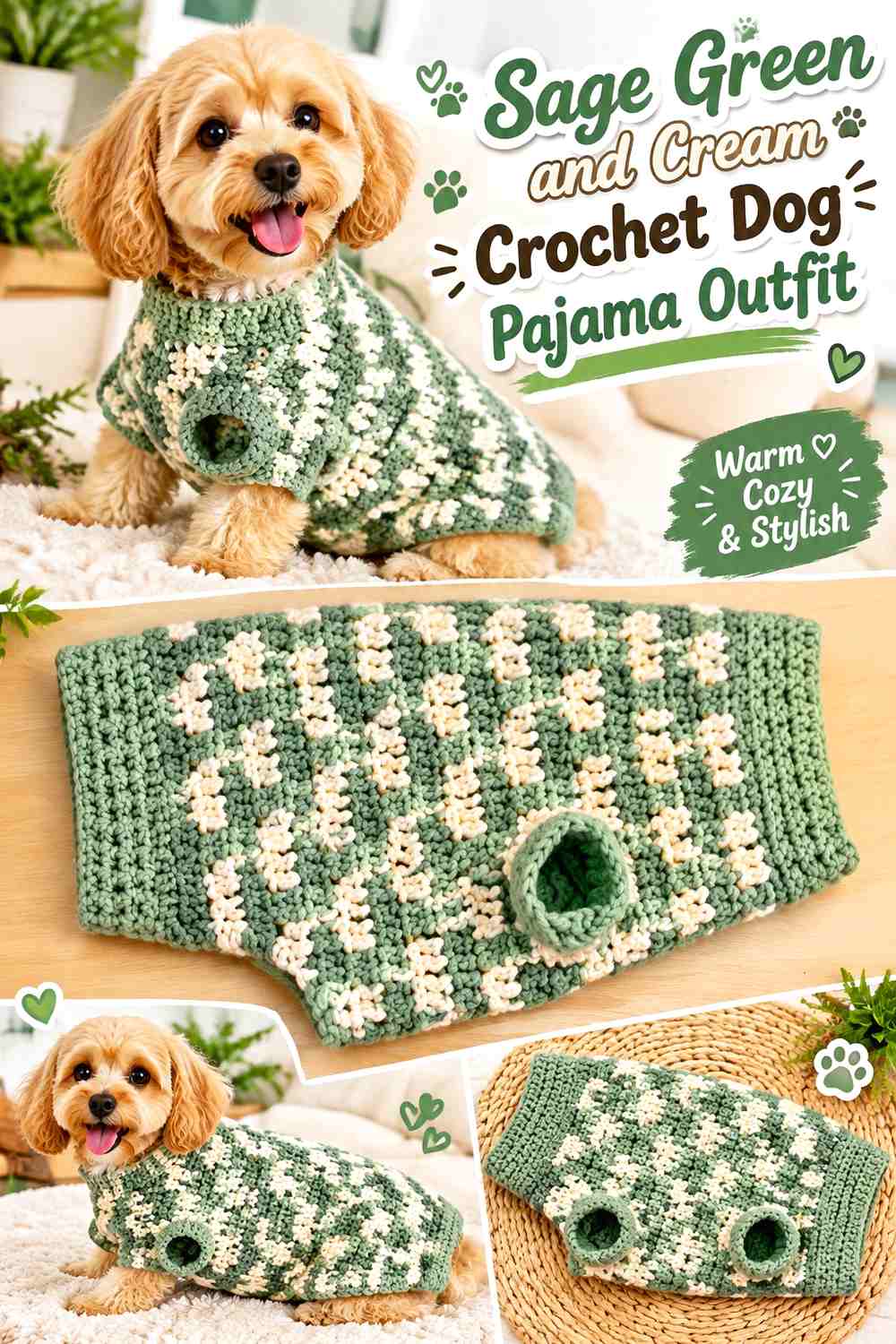 Sage Green and Cream Crochet Dog Pajama Outfit