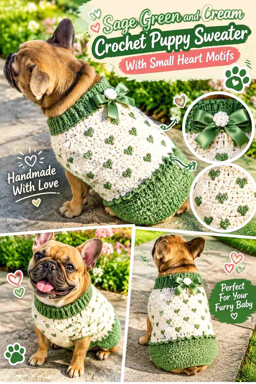 Sage Green and Cream Crochet Puppy Sweater With Small Heart Motifs