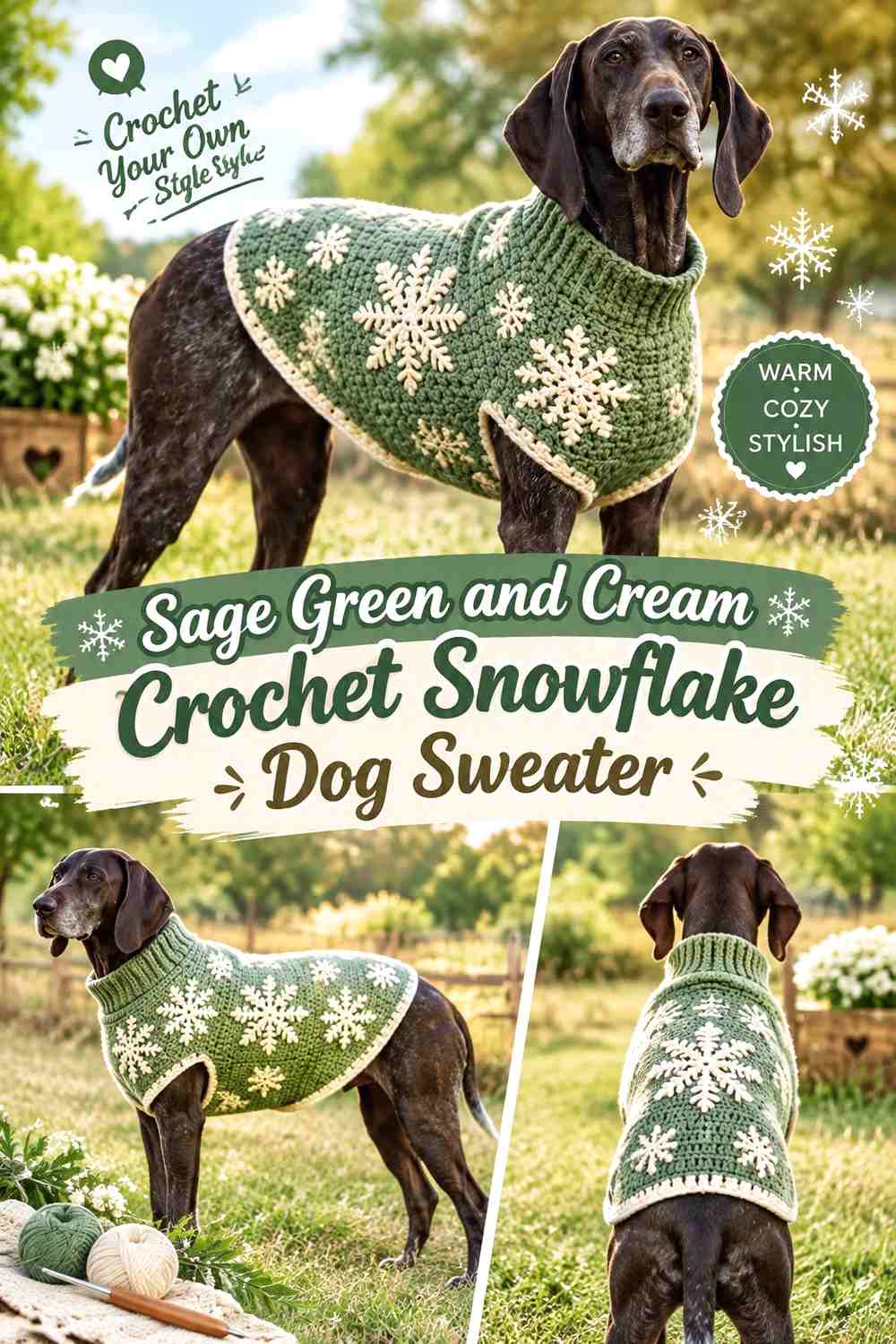 Sage Green and Cream Crochet Snowflake Dog Sweater
