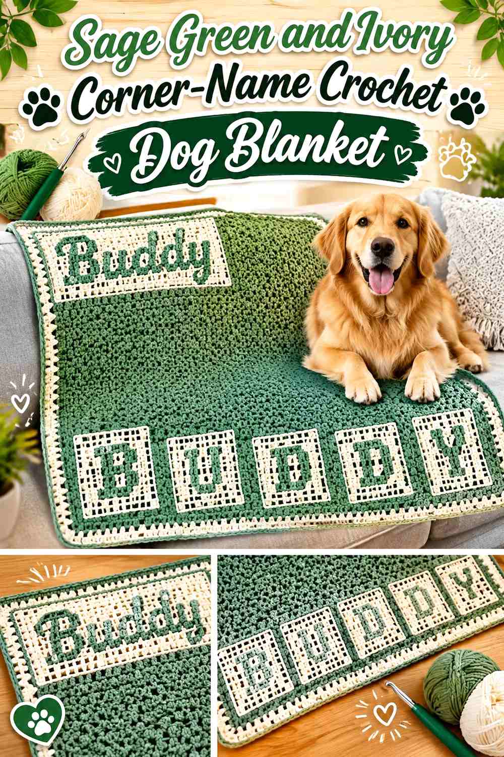 Sage Green and Ivory Corner-Name Crochet Dog Blanket