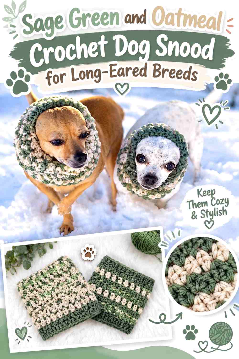 Sage Green and Oatmeal Crochet Dog Snood for Long-Eared Breeds