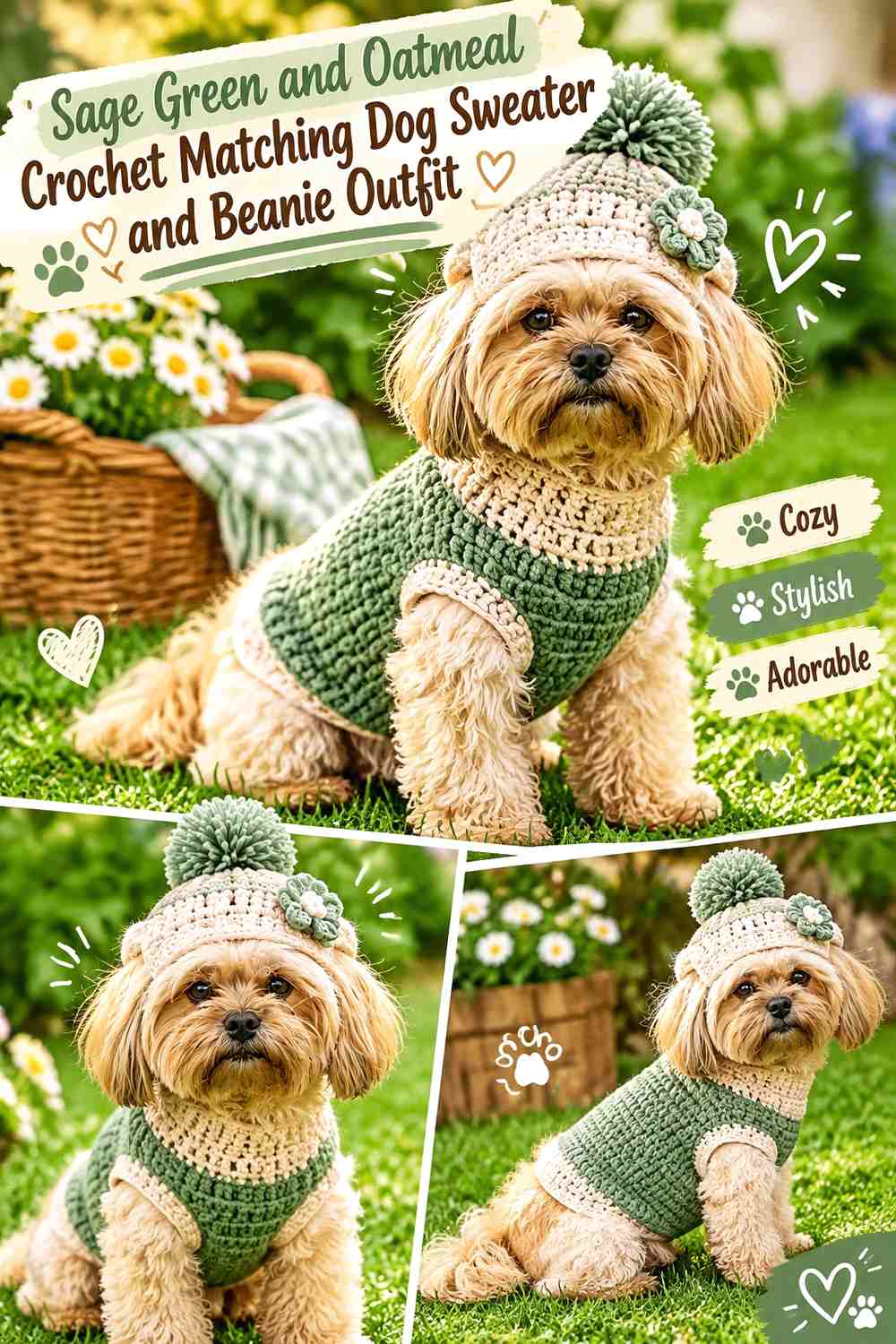 Sage Green and Oatmeal Crochet Matching Dog Sweater and Beanie Outfit