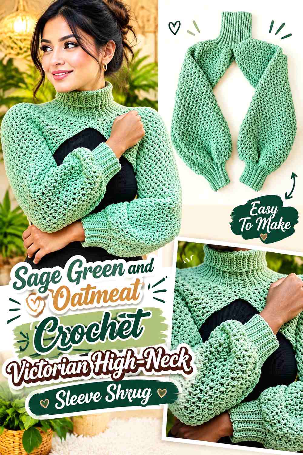 Sage Green and Oatmeal Crochet Victorian High-Neck Sleeve Shrug