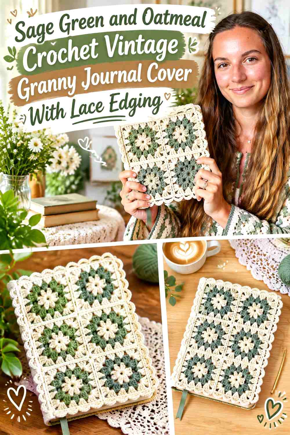 Sage Green and Oatmeal Crochet Vintage Granny Journal Cover With Lace Edging