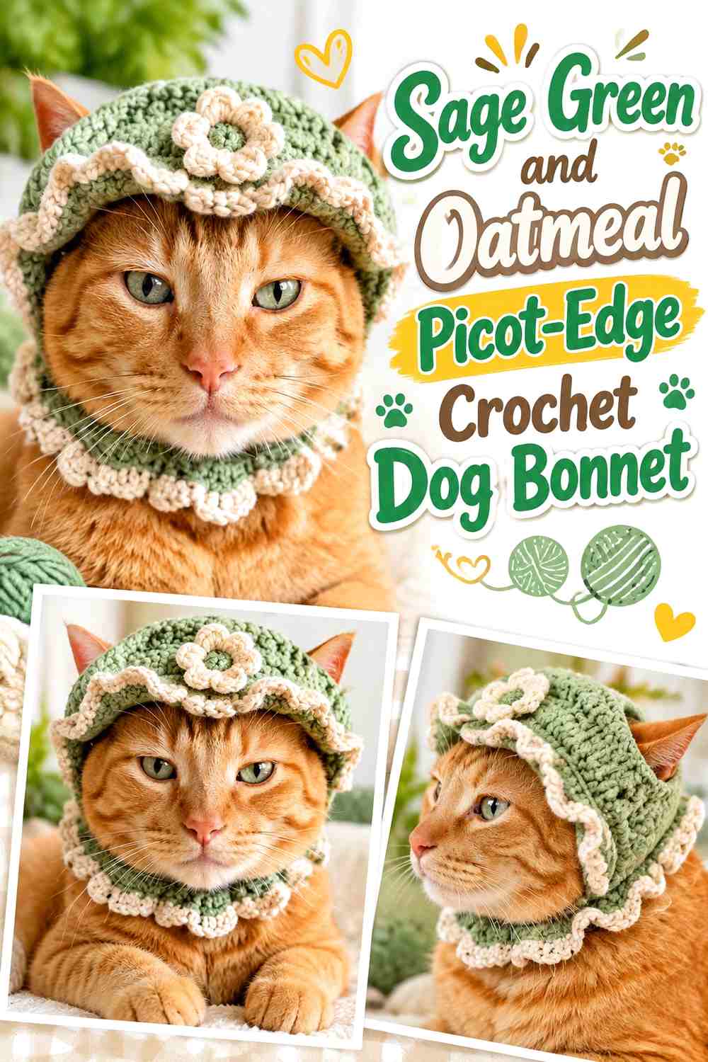 Sage Green and Oatmeal Picot-Edge Crochet Dog Bonnet