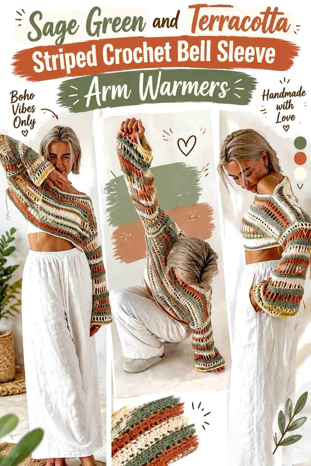 Sage Green and Terracotta Striped Crochet Bell Sleeve Arm Warmers