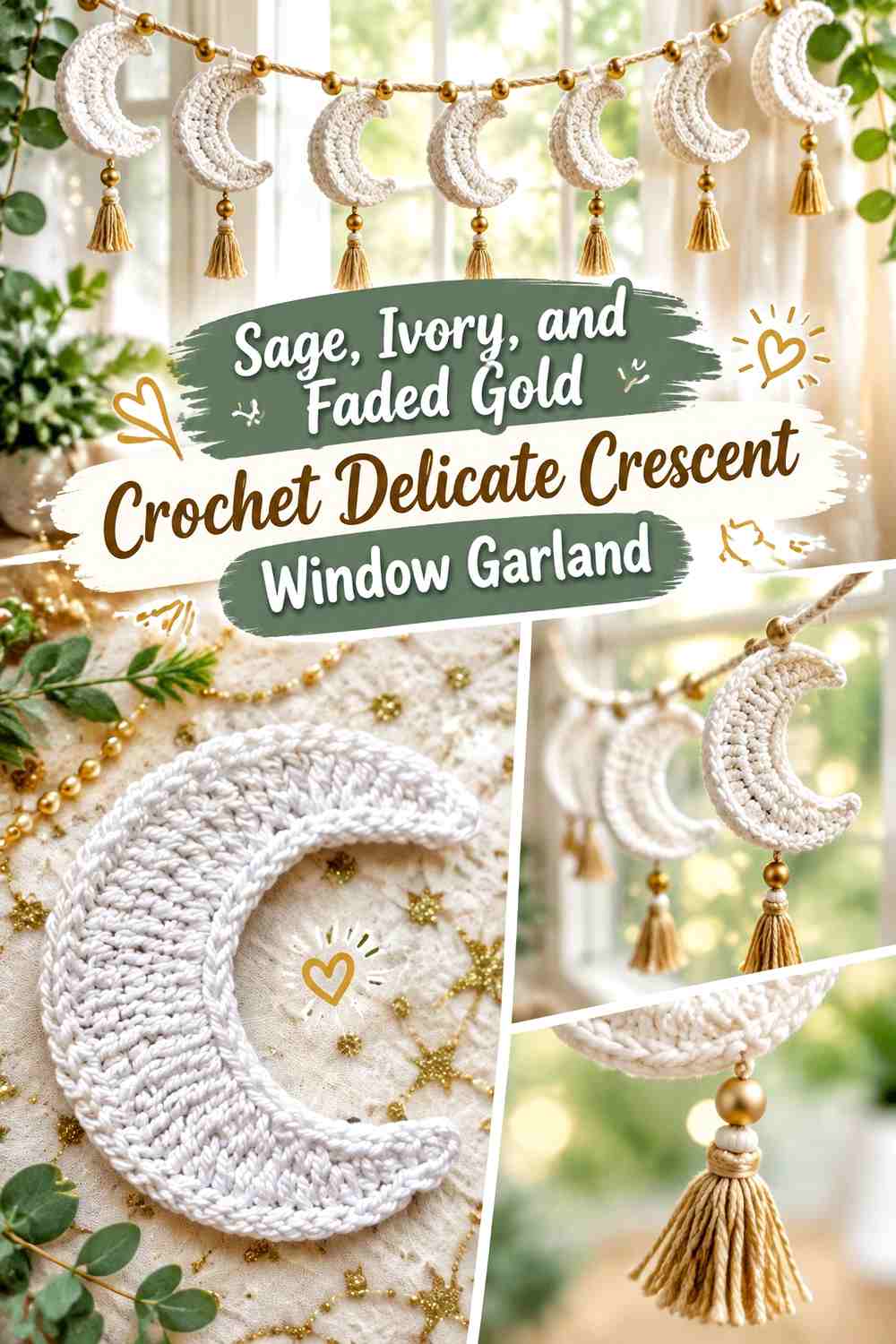 Sage, Ivory, and Faded Gold Crochet Delicate Crescent Window Garland
