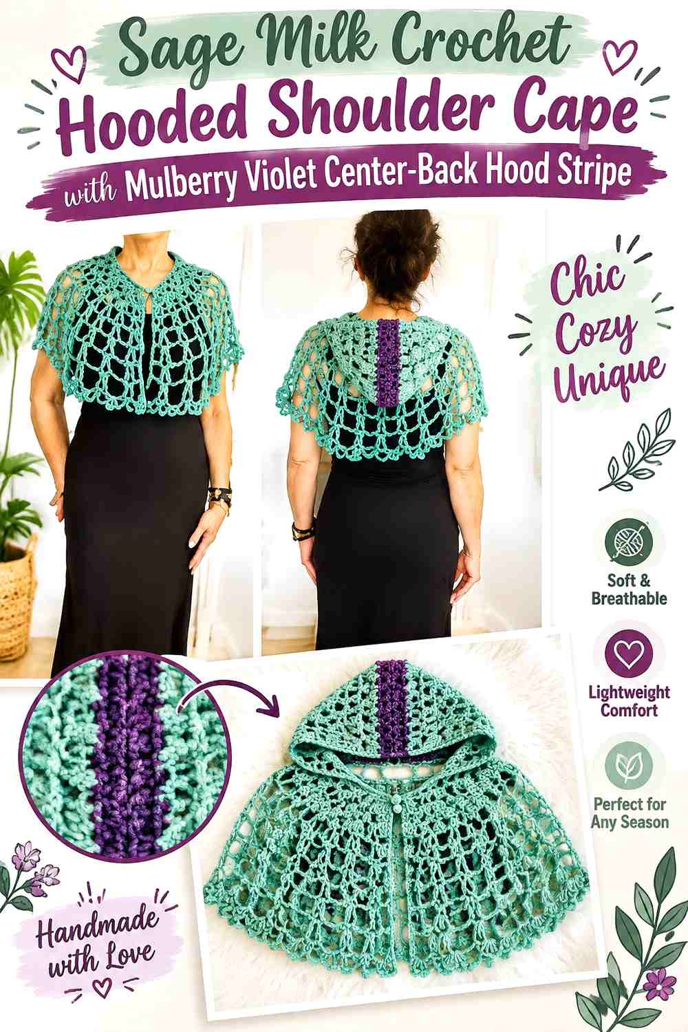 Sage Milk Crochet Hooded Shoulder Cape with Mulberry Violet Center-Back Hood Stripe