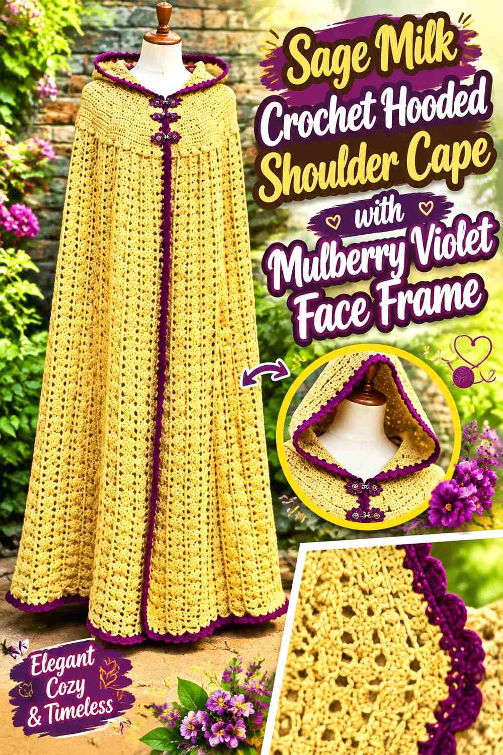 Sage Milk Crochet Hooded Shoulder Cape with Mulberry Violet Face Frame