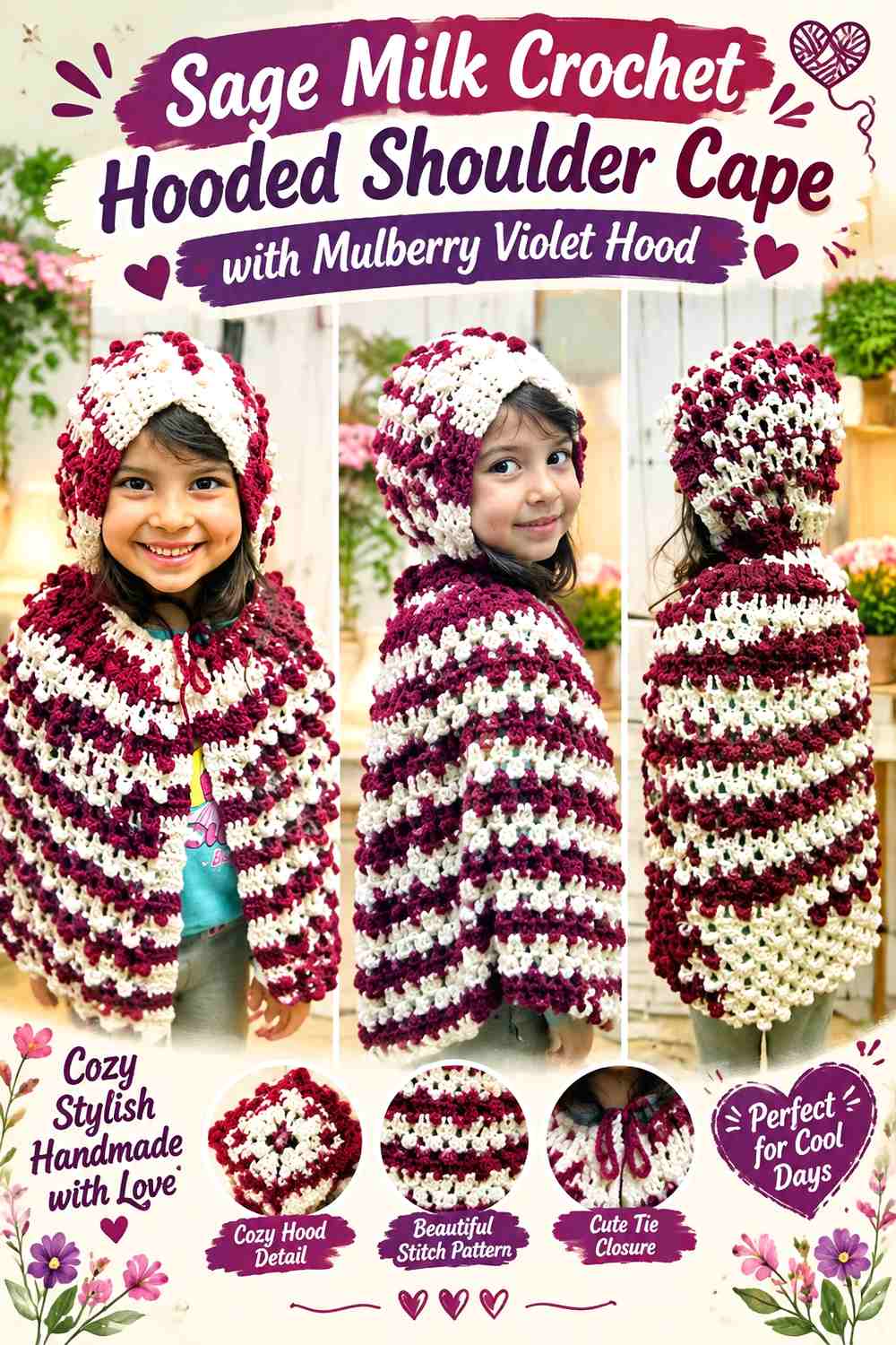 Sage Milk Crochet Hooded Shoulder Cape with Mulberry Violet Hood