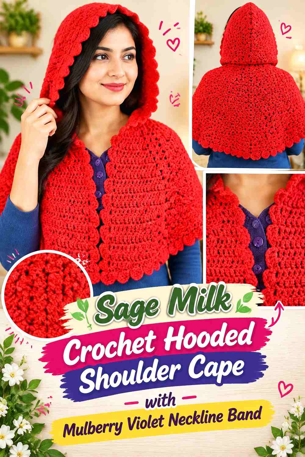 Sage Milk Crochet Hooded Shoulder Cape with Mulberry Violet Neckline Band
