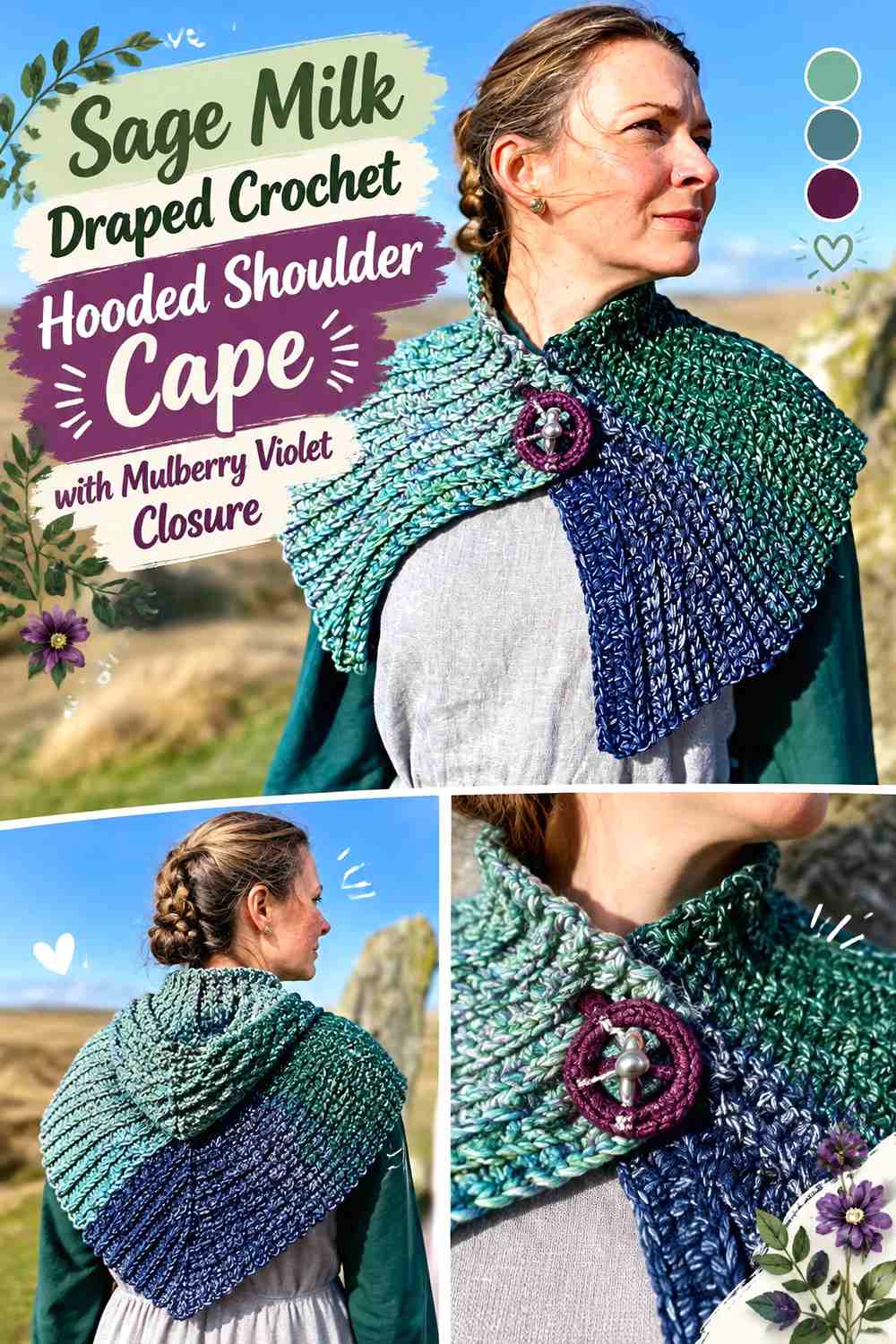 Sage Milk Draped Crochet Hooded Shoulder Cape with Mulberry Violet Closure