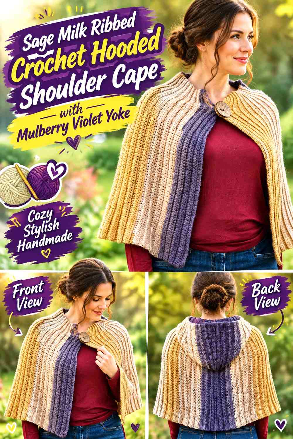 Sage Milk Ribbed Crochet Hooded Shoulder Cape with Mulberry Violet Yoke