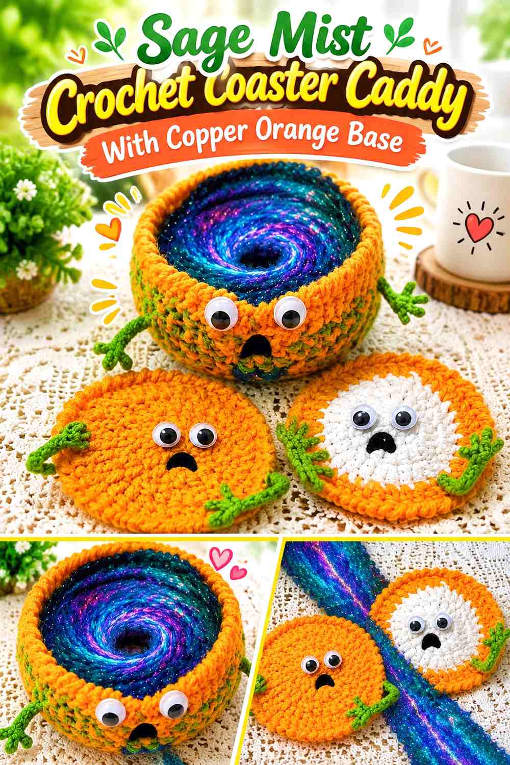 Sage Mist Crochet Coaster Caddy With Copper Orange Base
