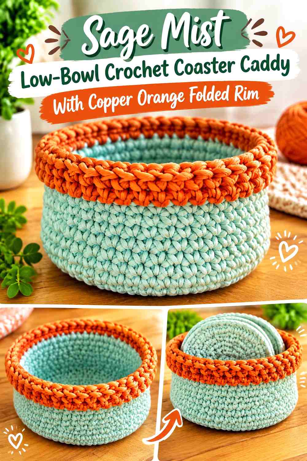 Sage Mist Low Bowl Crochet Coaster Caddy With Copper Orange Folded Rim