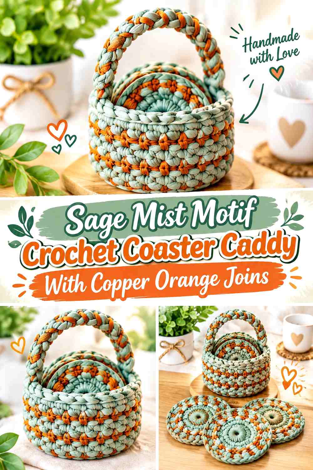 Sage Mist Motif Crochet Coaster Caddy With Copper Orange Joins