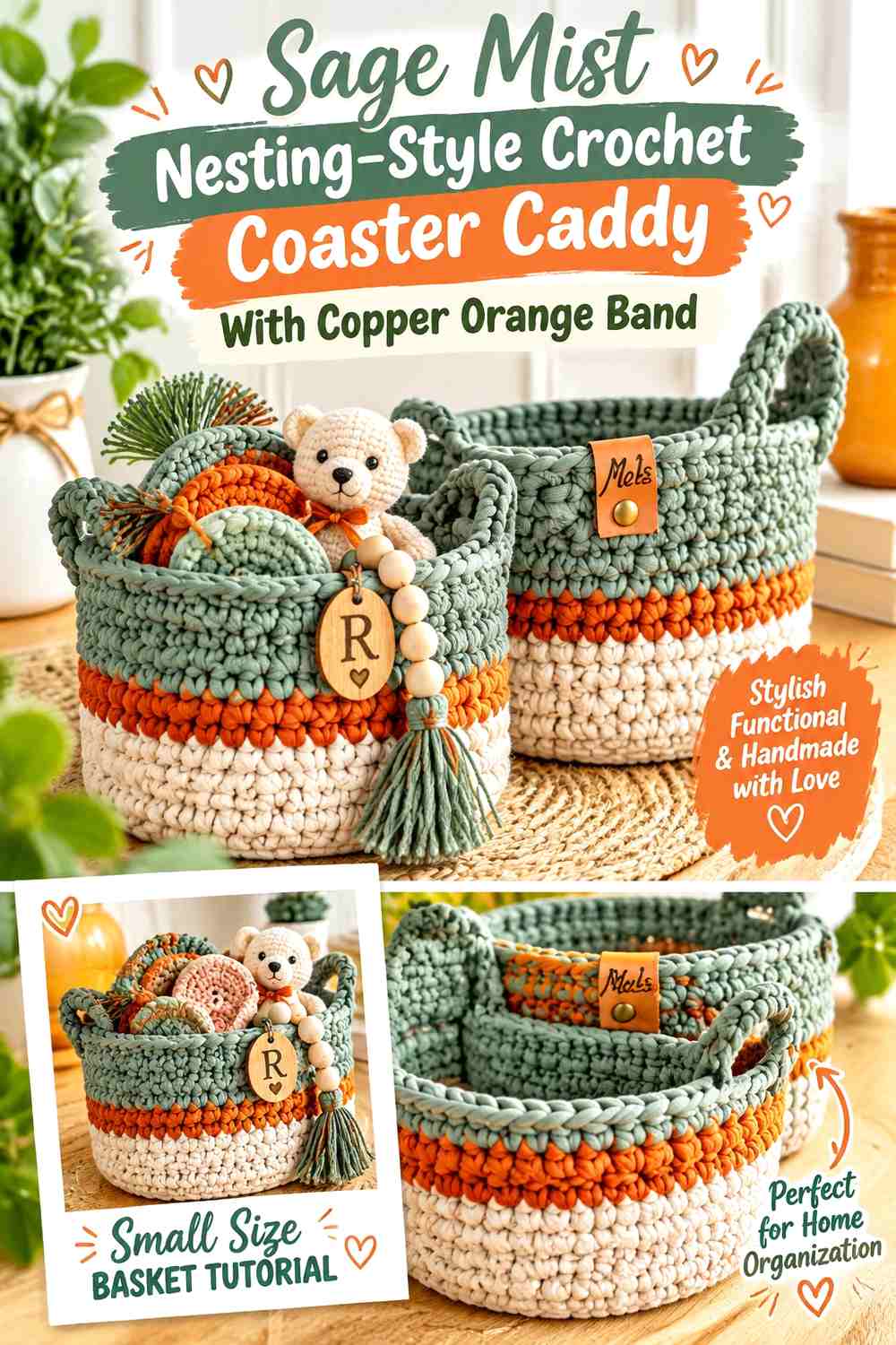 Sage Mist Nesting Style Crochet Coaster Caddy With Copper Orange Band
