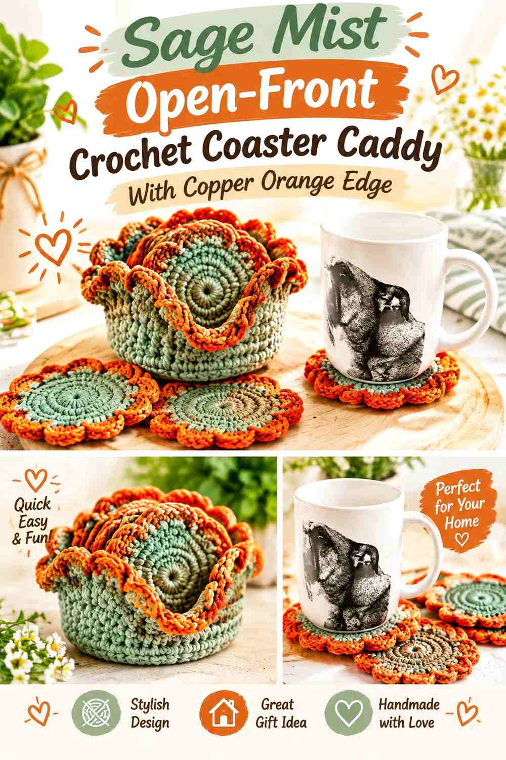 Sage Mist Open Front Crochet Coaster Caddy With Copper Orange Edge