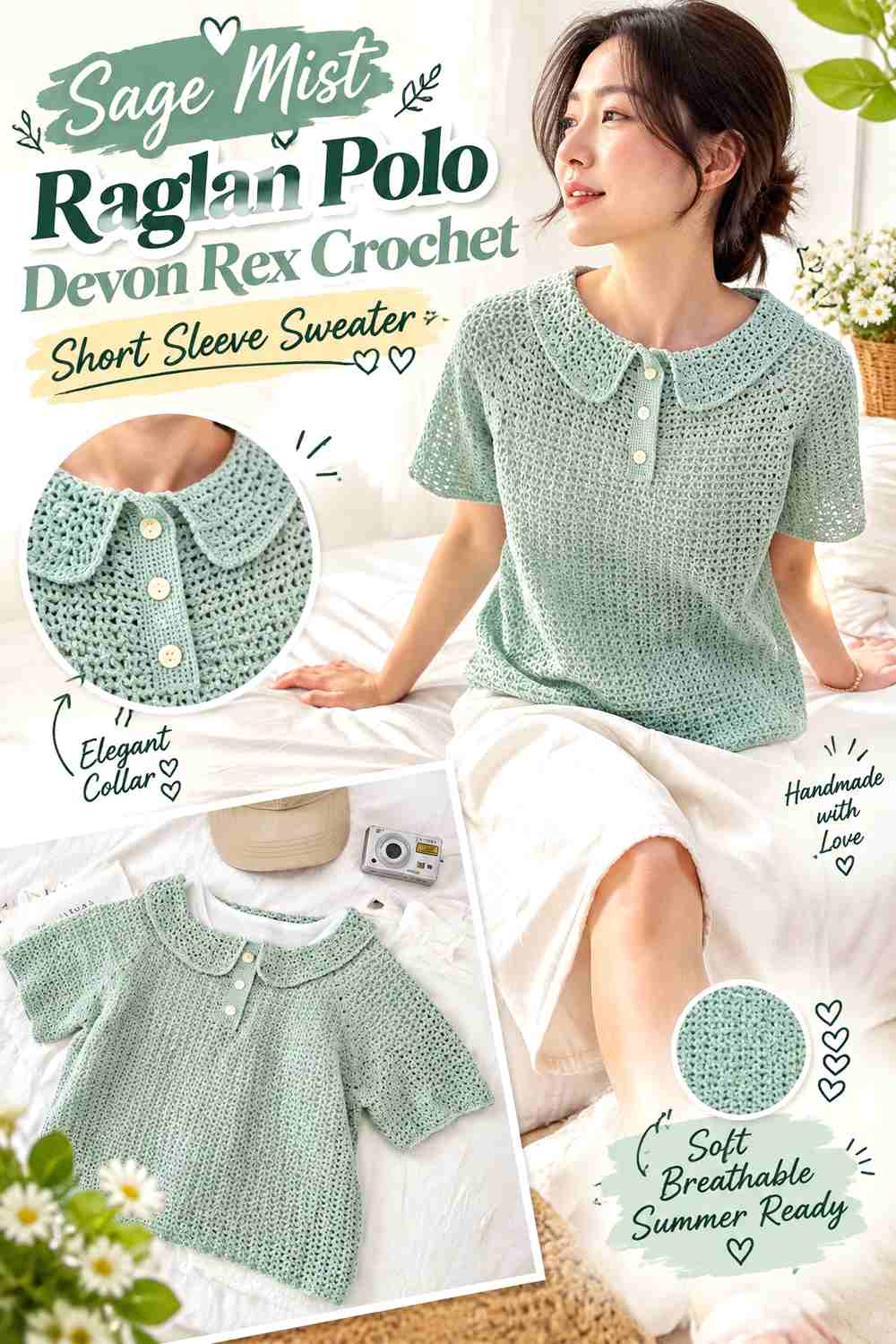 Sage Mist Raglan Polo Devon Rex Crochet Short Sleeve Sweater