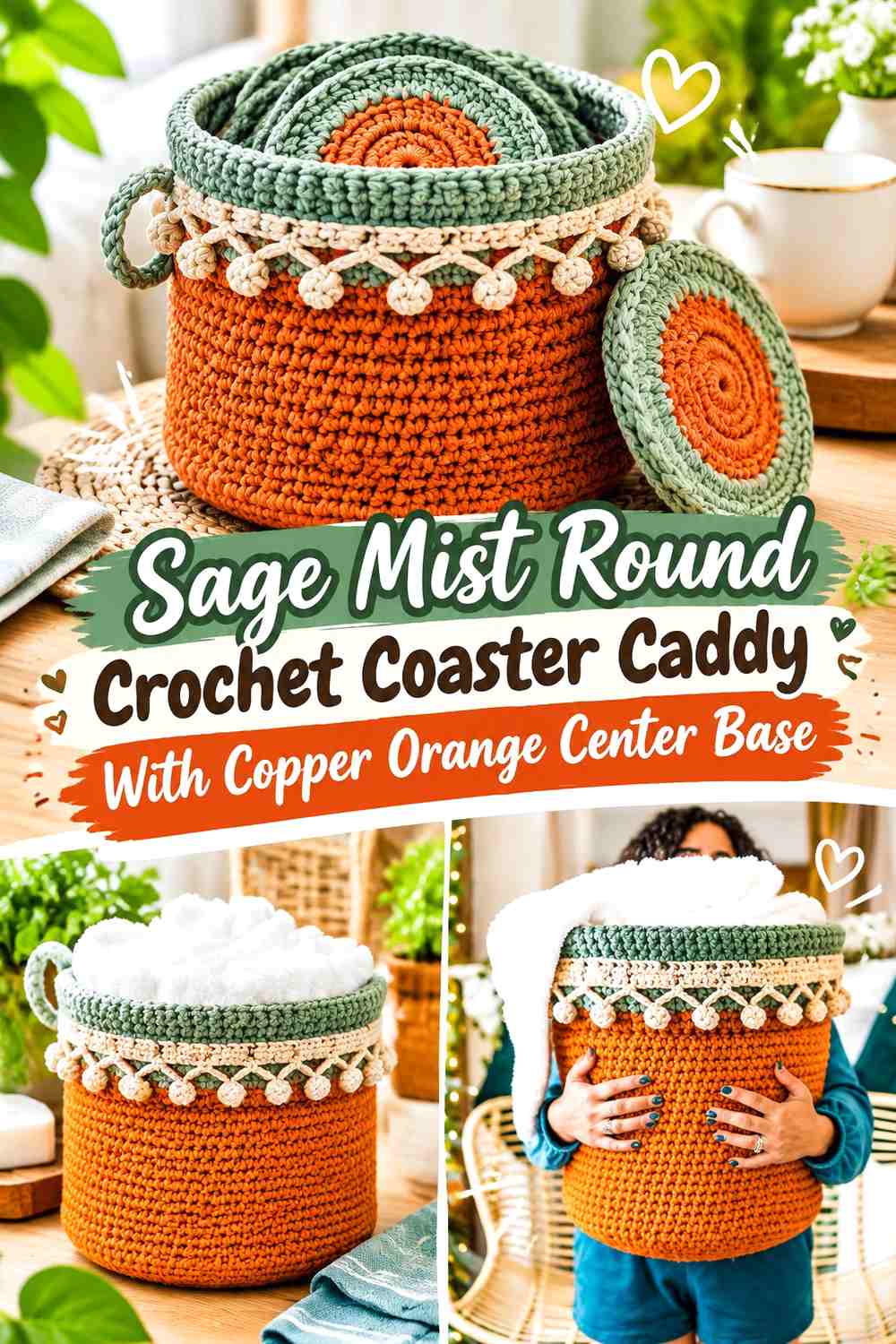 Sage Mist Round Crochet Coaster Caddy With Copper Orange Center Base