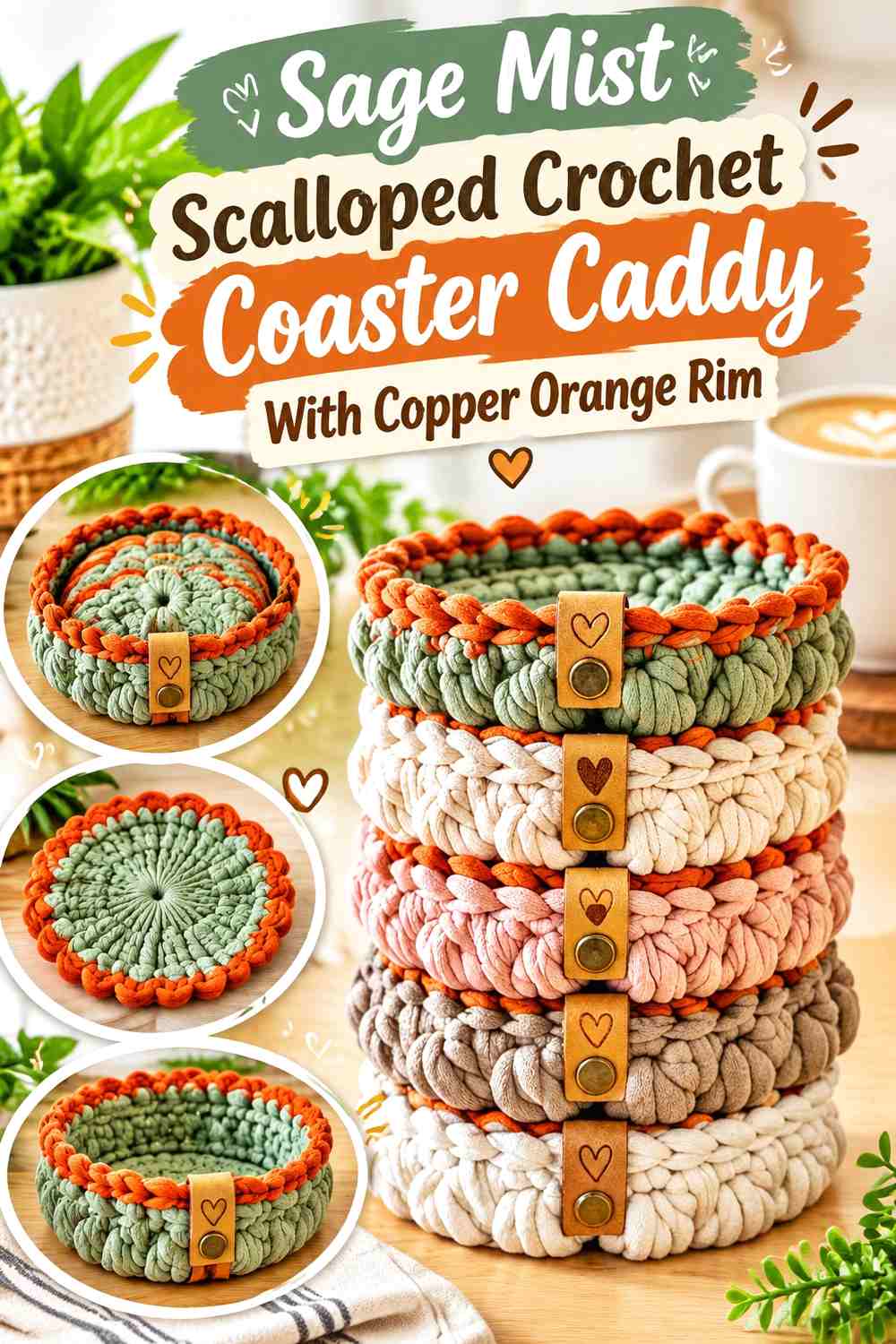 Sage Mist Scalloped Crochet Coaster Caddy With Copper Orange Rim
