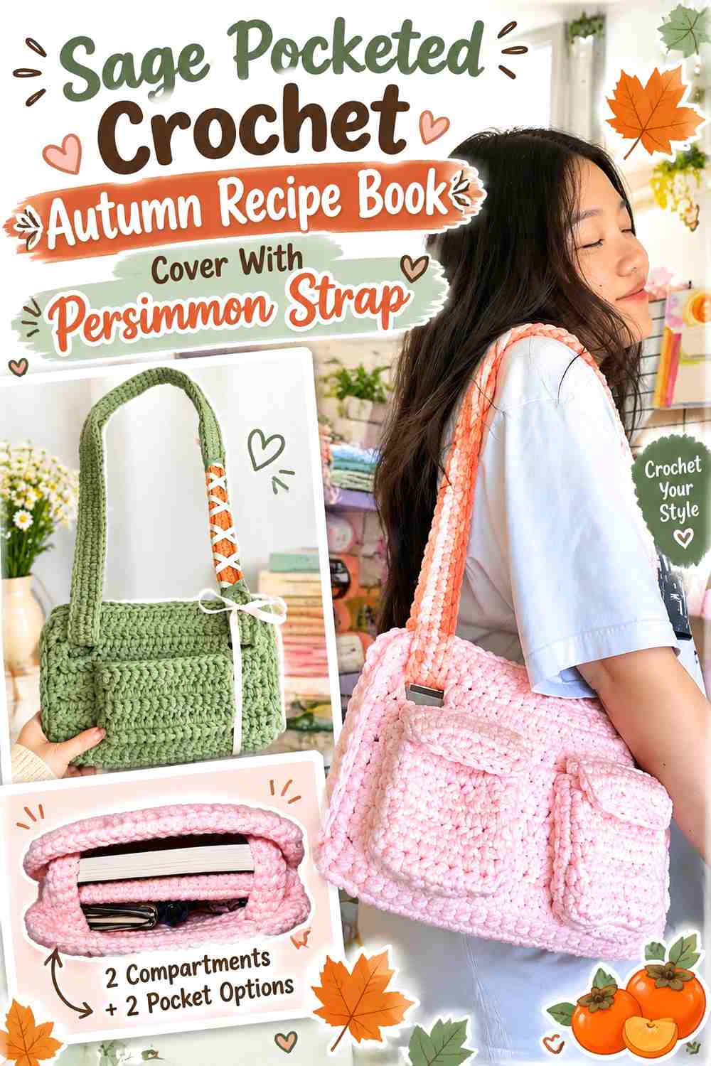 8. Sage Pocketed Crochet Autumn Recipe Book Cover With Persimmon Strap