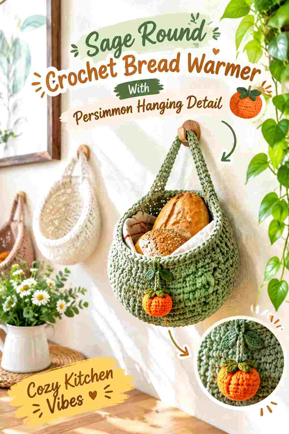 10. Sage Round Crochet Bread Warmer With Persimmon Hanging Detail