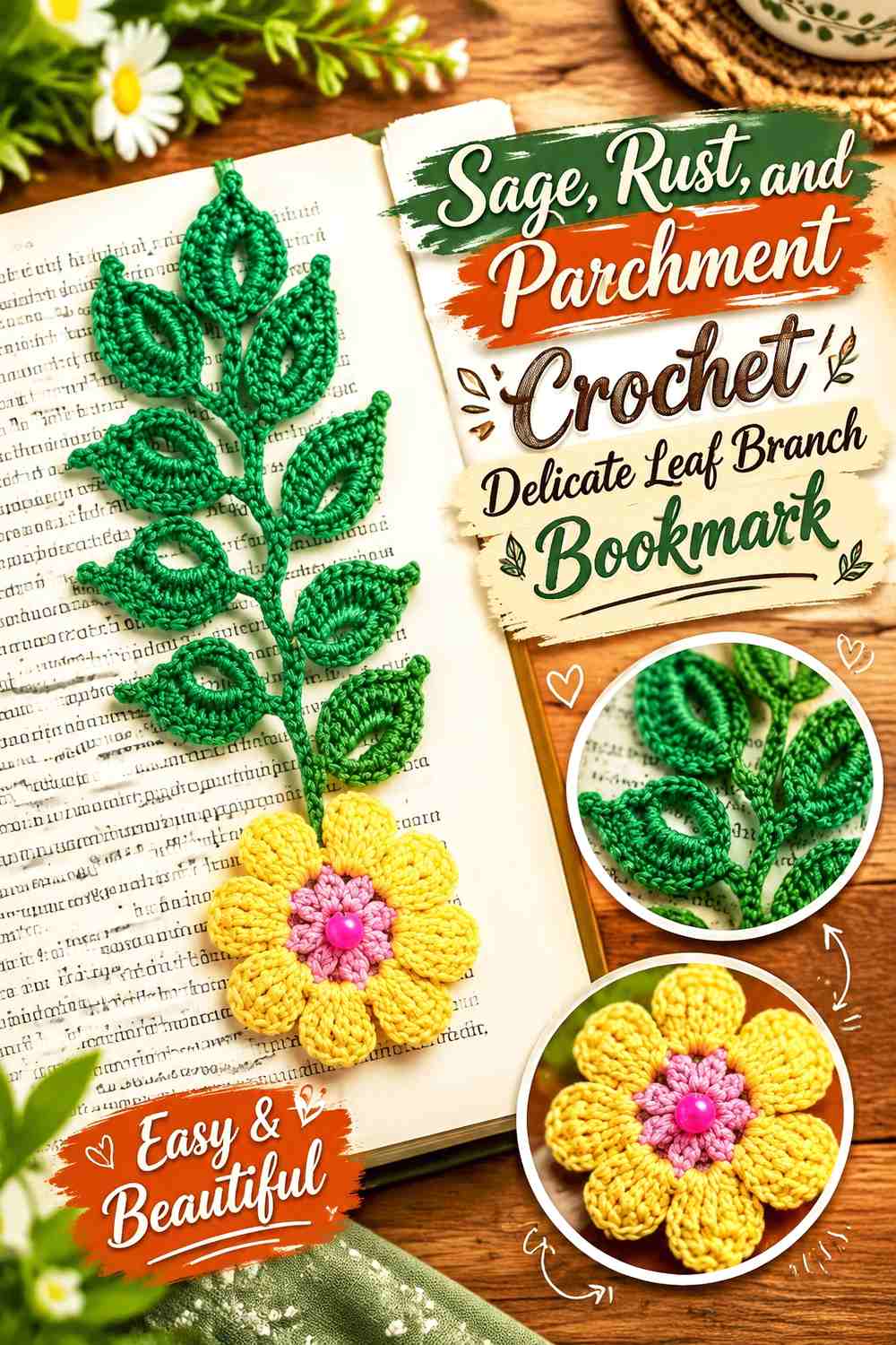 Sage, Rust, and Parchment Crochet Delicate Leaf Branch Bookmark