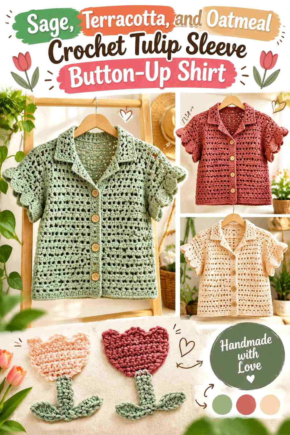 Sage, Terracotta, and Oatmeal Crochet Tulip Sleeve Button-Up Shirt