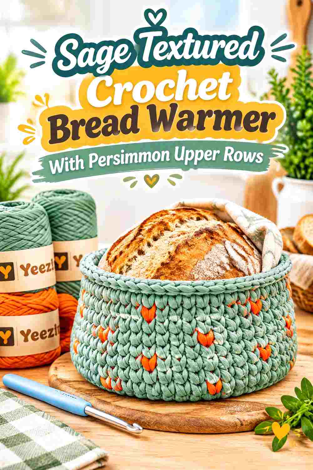 14. Sage Textured Crochet Bread Warmer With Persimmon Upper Rows