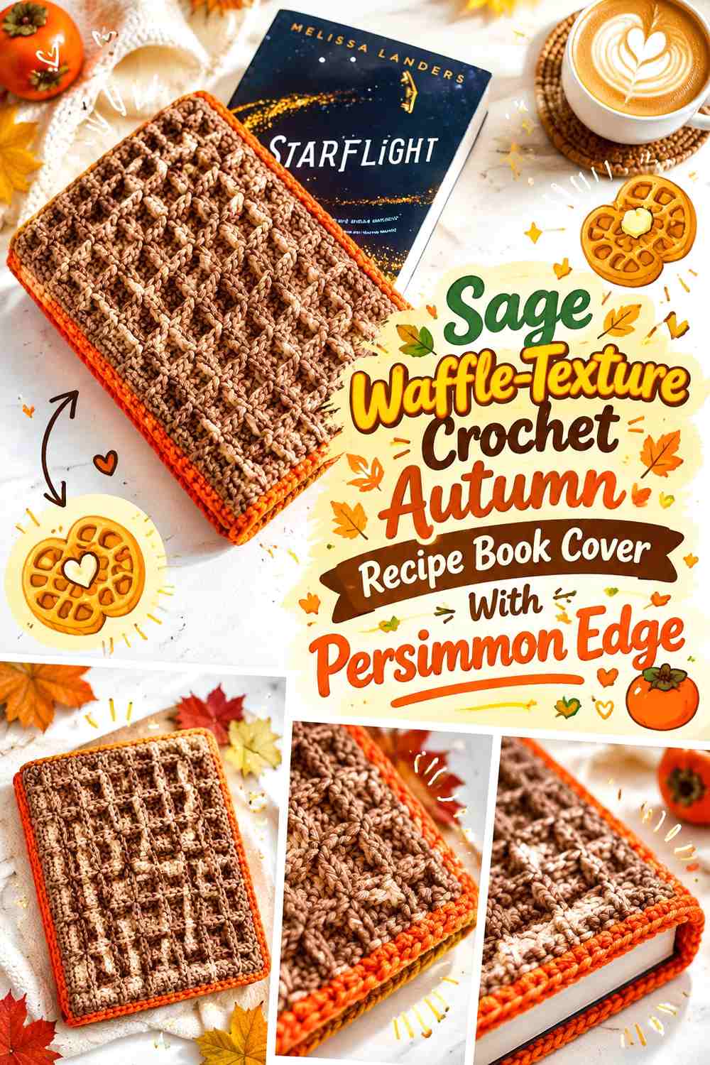 10. Sage Waffle Texture Crochet Autumn Recipe Book Cover With Persimmon Edge