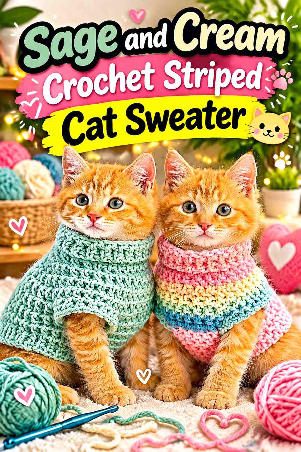 Sage and Cream Crochet Striped Cat Sweater