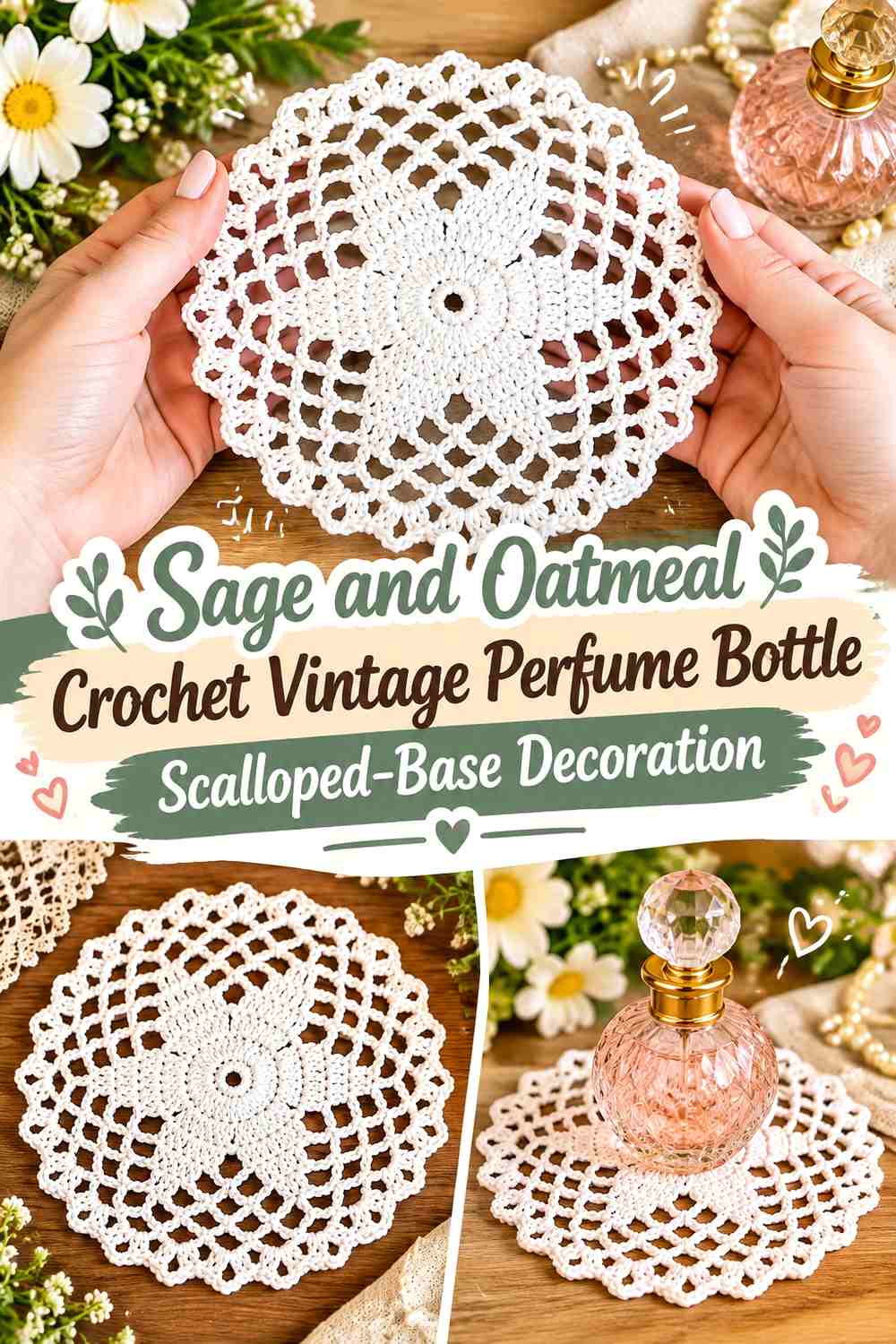 Sage and Oatmeal Crochet Vintage Perfume Bottle Scalloped-Base Decoration