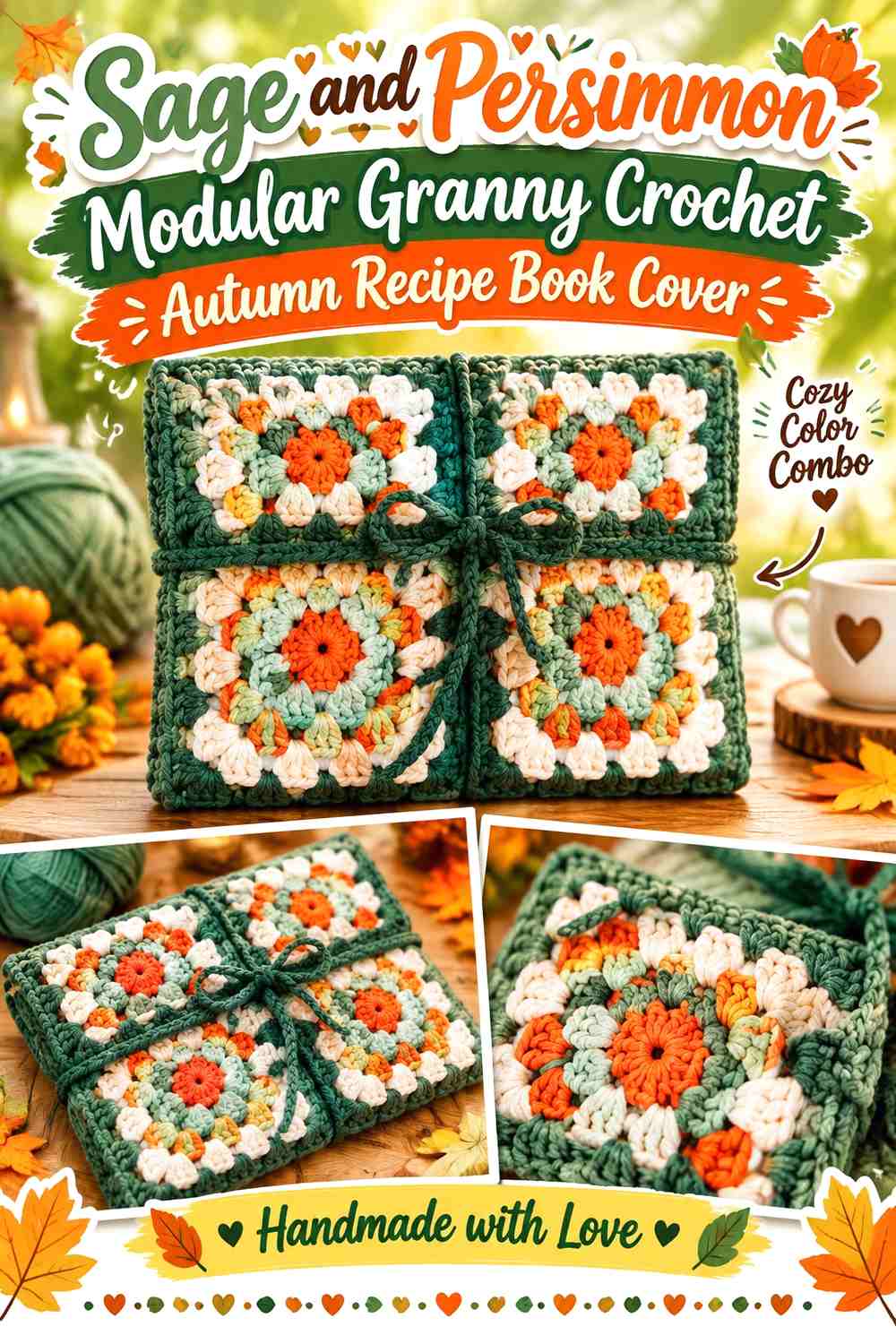 6. Sage And Persimmon Modular Granny Crochet Autumn Recipe Book Cover