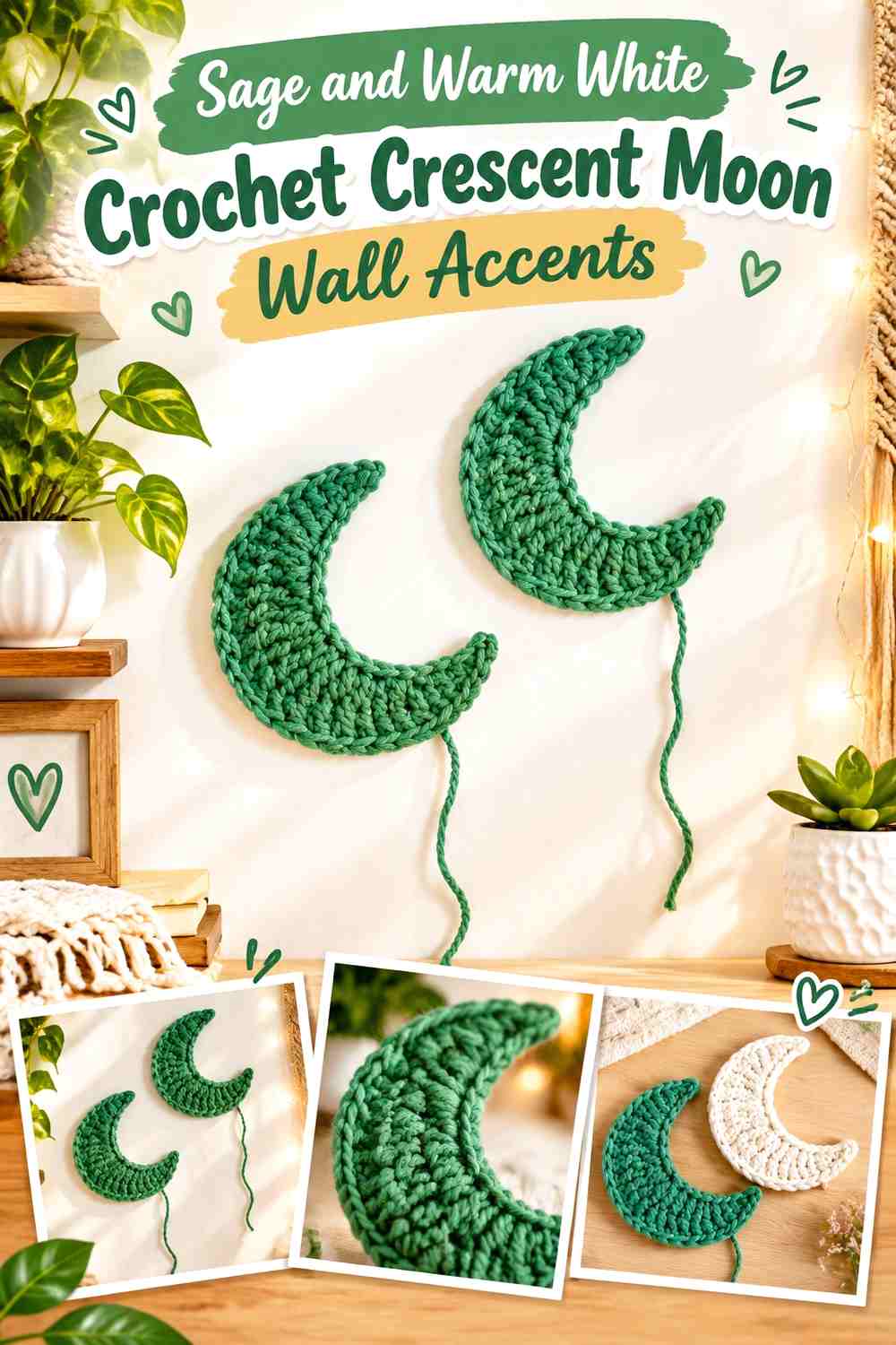 Sage and Warm White Crochet Crescent Moon Wall Accents