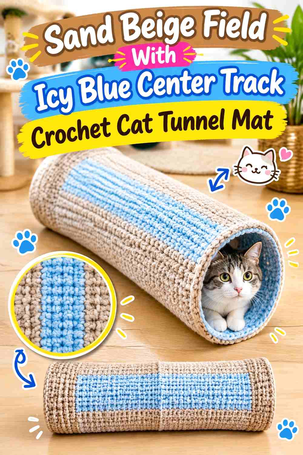 Sand Beige Field With Icy Blue Center Track Crochet Cat Tunnel Mat