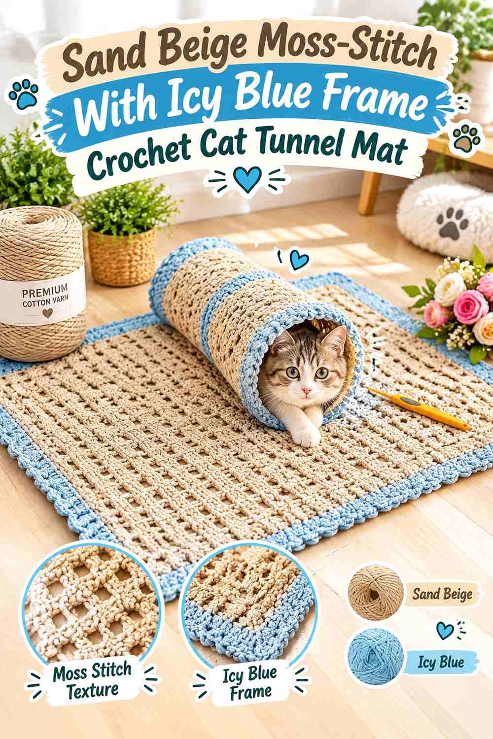 Sand Beige Moss-Stitch With Icy Blue Frame Crochet Cat Tunnel Mat