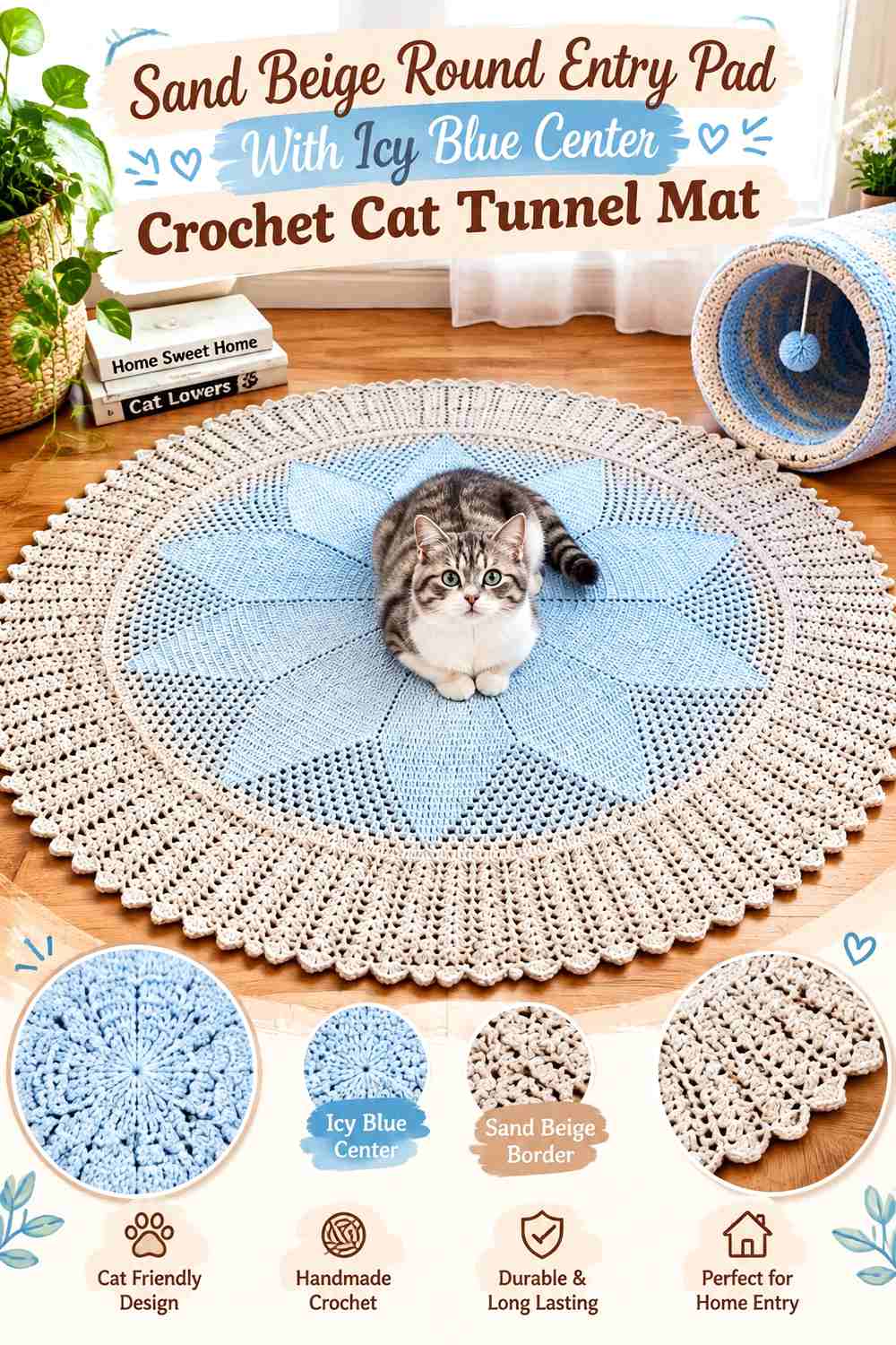 Sand Beige Round Entry Pad With Icy Blue Center Crochet Cat Tunnel Mat
