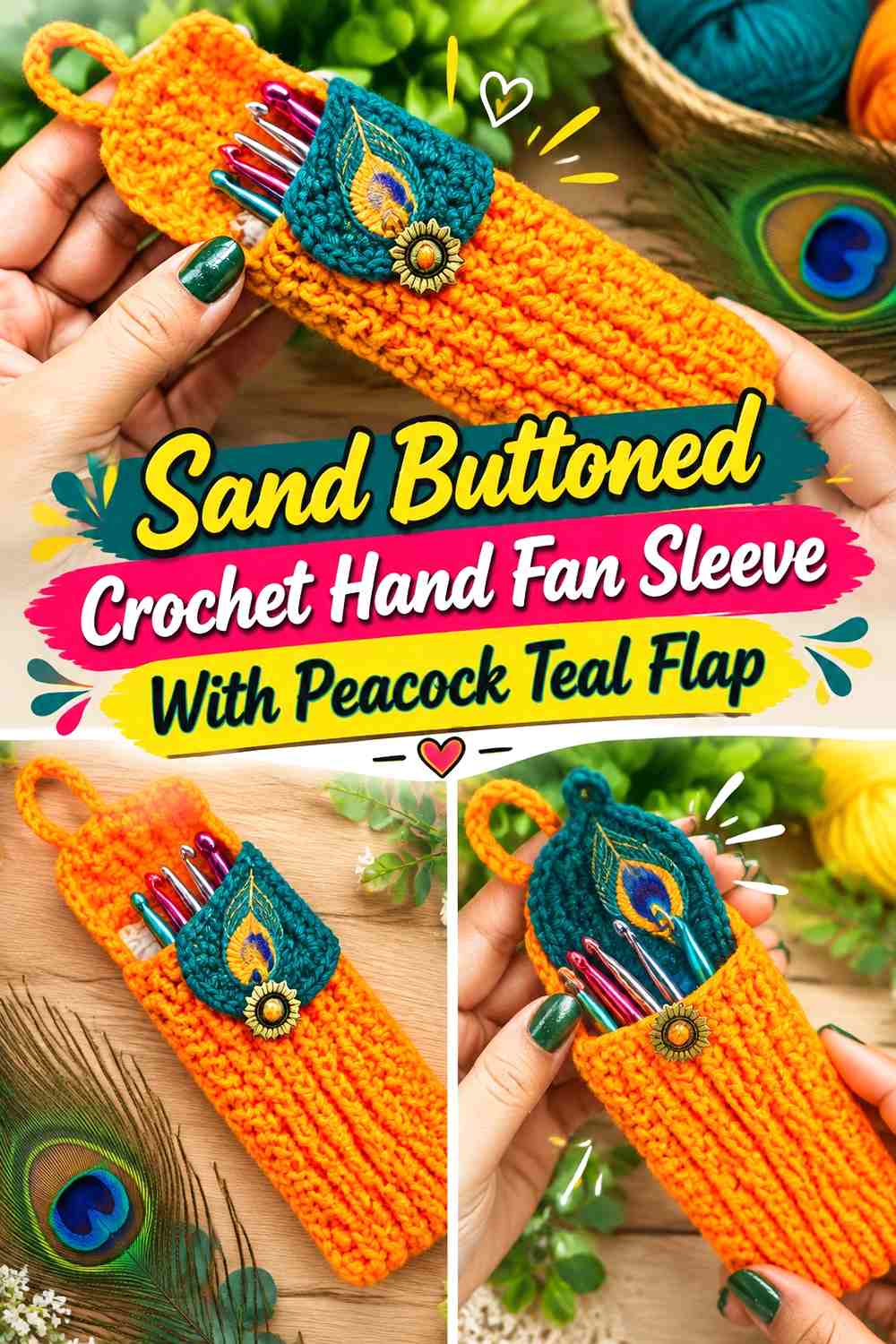 Sand Buttoned Crochet Hand Fan Sleeve With Peacock Teal Flap
