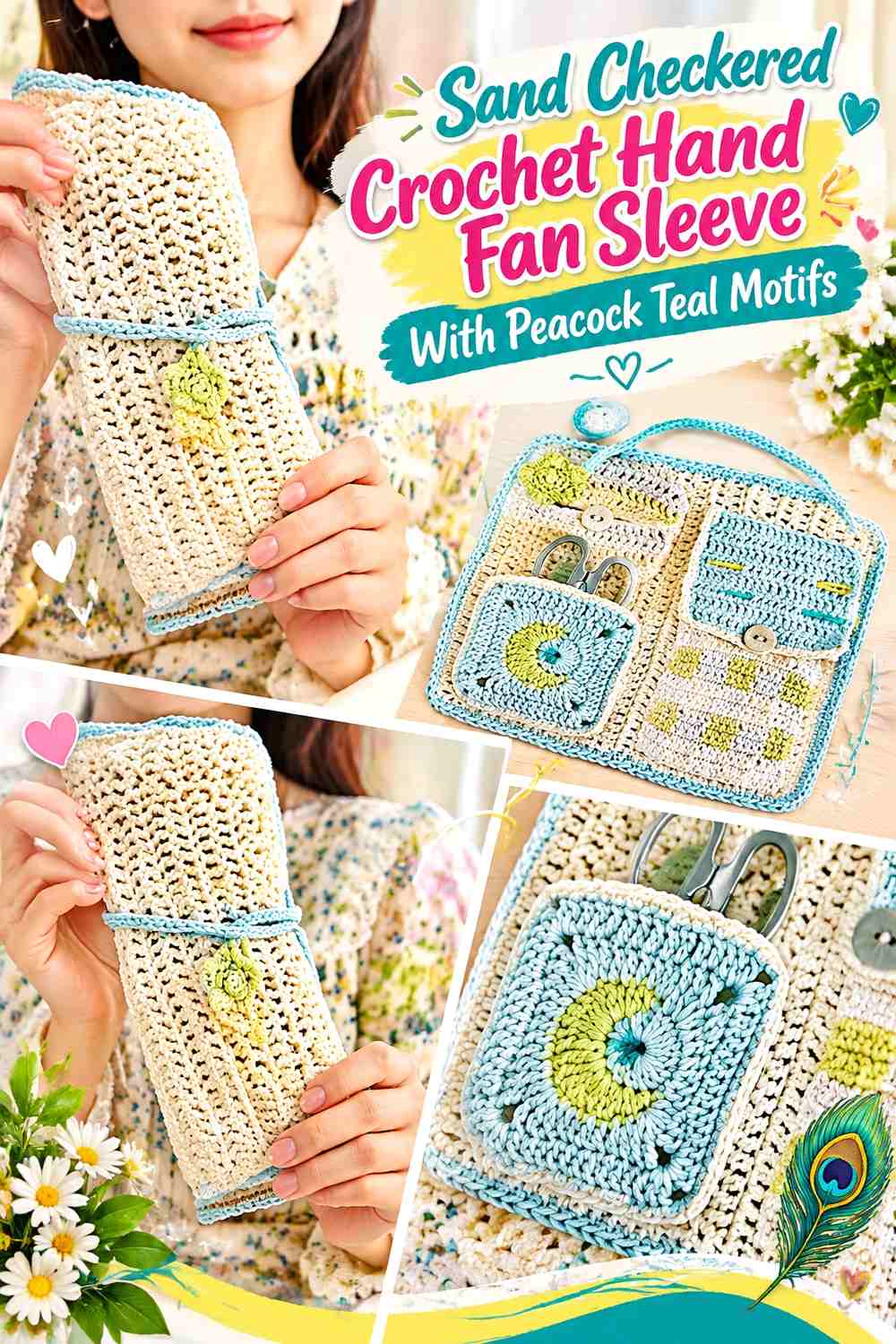 Sand Checkered Crochet Hand Fan Sleeve With Peacock Teal Motifs