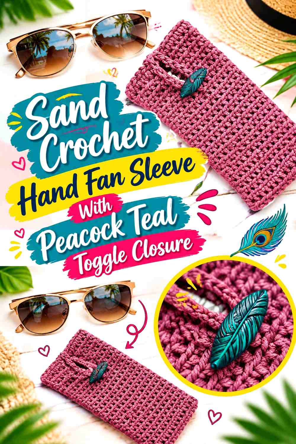 Sand Crochet Hand Fan Sleeve With Peacock Teal Toggle Closure