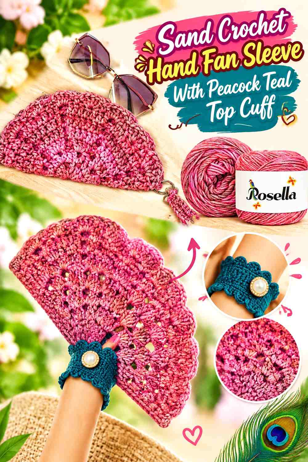 Sand Crochet Hand Fan Sleeve With Peacock Teal Top Cuff
