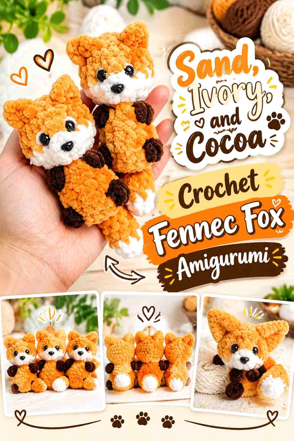 Sand, Ivory, and Cocoa Crochet Fennec Fox Amigurumi